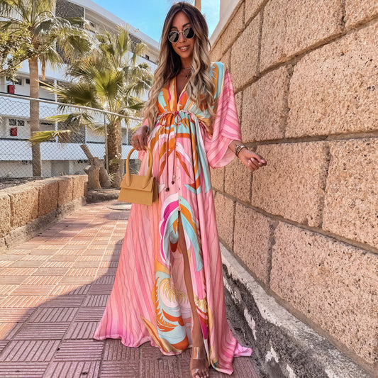 Women's Maxi Dress – Multi-Color Print, Deep V-Neck, Wide Sleeves, High Slit, Bohemian-83256-027c935b-774a-4e98-92ab-61237f2bfb0c