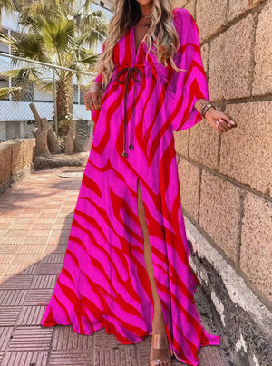 Women's Maxi Dress – Multi-Color Print, Deep V-Neck, Wide Sleeves, High Slit, Bohemian-83256-31e64dac-502a-4863-918a-eef4829ce490