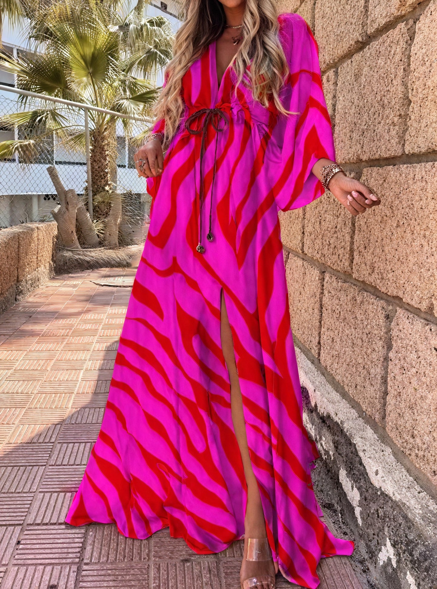 Women's Maxi Dress – Multi-Color Print, Deep V-Neck, Wide Sleeves, High Slit, Bohemian-83256-31e64dac-502a-4863-918a-eef4829ce490