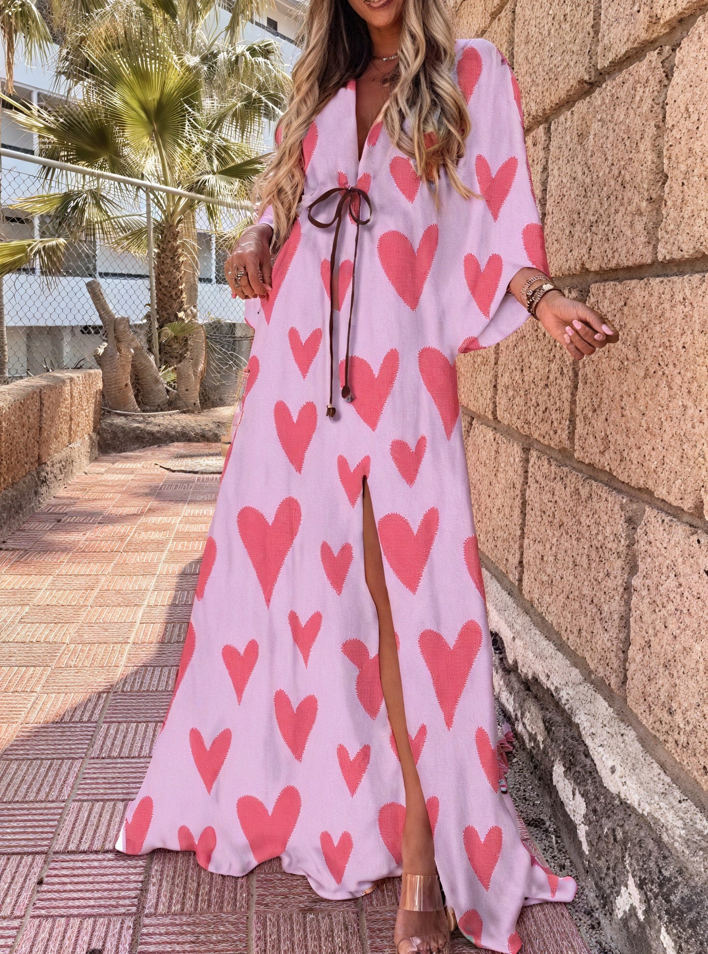 Women's Maxi Dress – Multi-Color Print, Deep V-Neck, Wide Sleeves, High Slit, Bohemian-83256-e9cd149c-4eae-42c9-85c9-ef4b9ac241d5