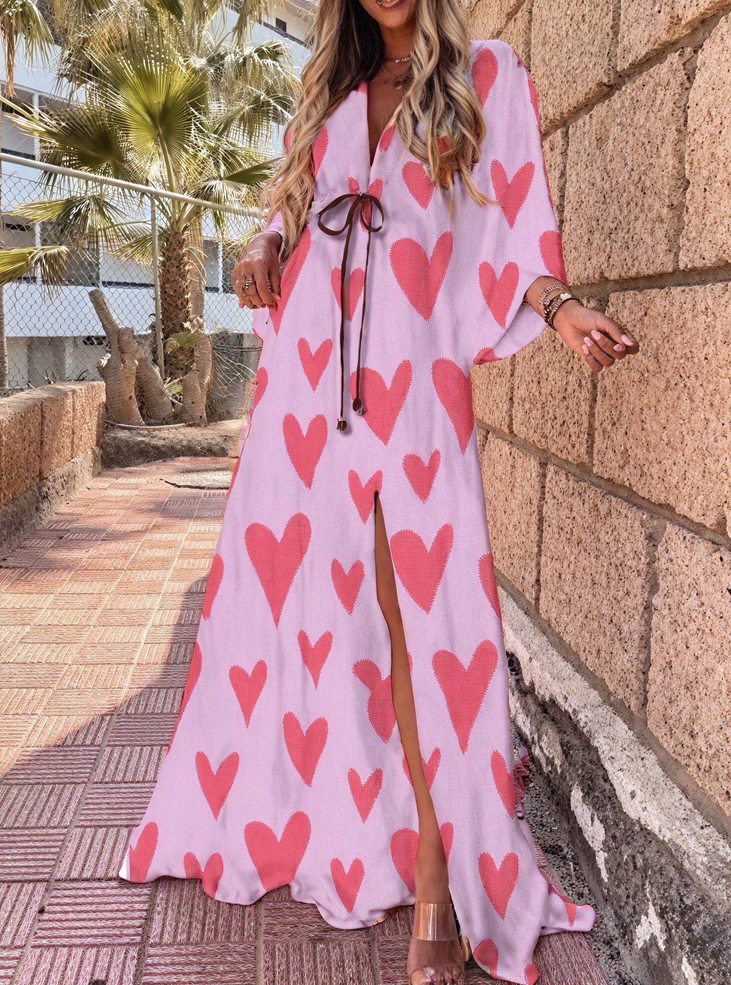 Women's Maxi Dress – Multi-Color Print, Deep V-Neck, Wide Sleeves, High Slit, Bohemian-83256-e9cd149c-4eae-42c9-85c9-ef4b9ac241d5