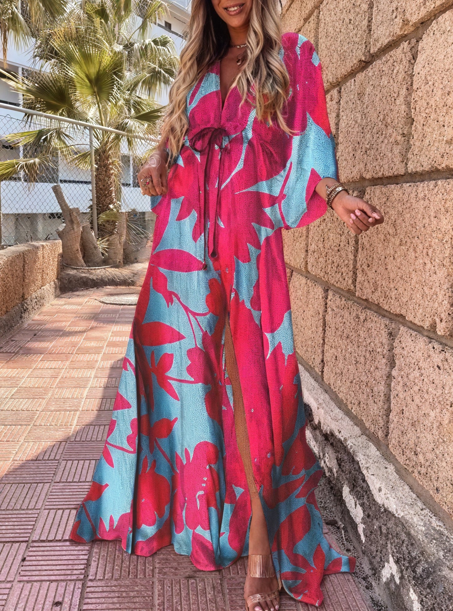 Women's Maxi Dress – Multi-Color Print, Deep V-Neck, Wide Sleeves, High Slit, Bohemian-83256-f6999fe6-2272-46fd-a847-d61a2dd1e530