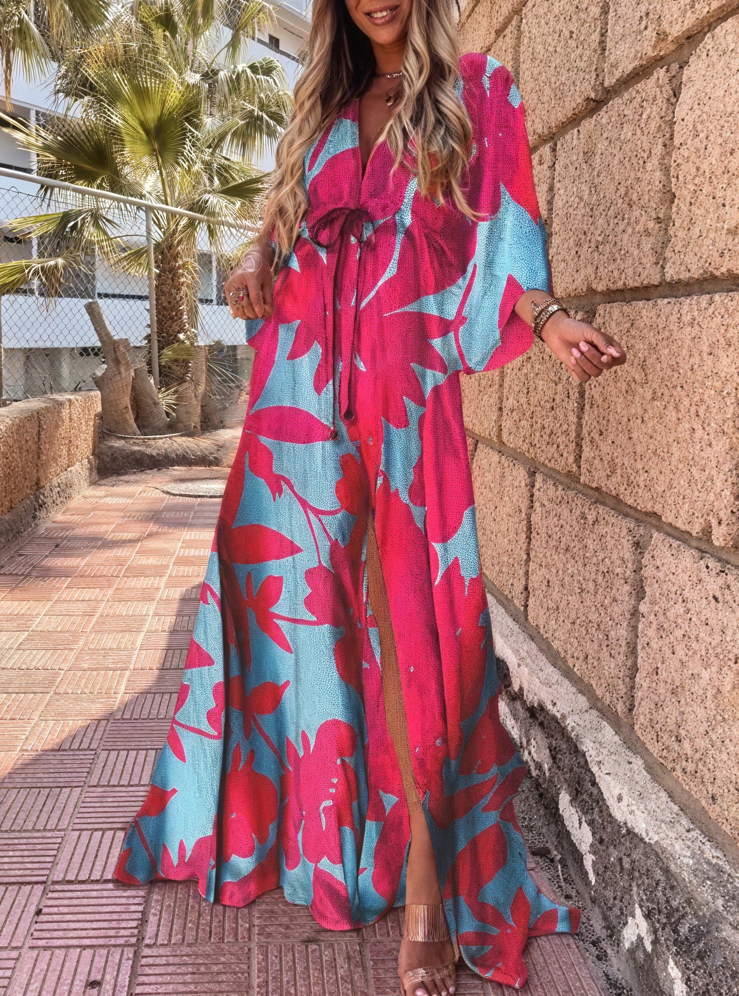 Women's Maxi Dress – Multi-Color Print, Deep V-Neck, Wide Sleeves, High Slit, Bohemian-83256-f6999fe6-2272-46fd-a847-d61a2dd1e530
