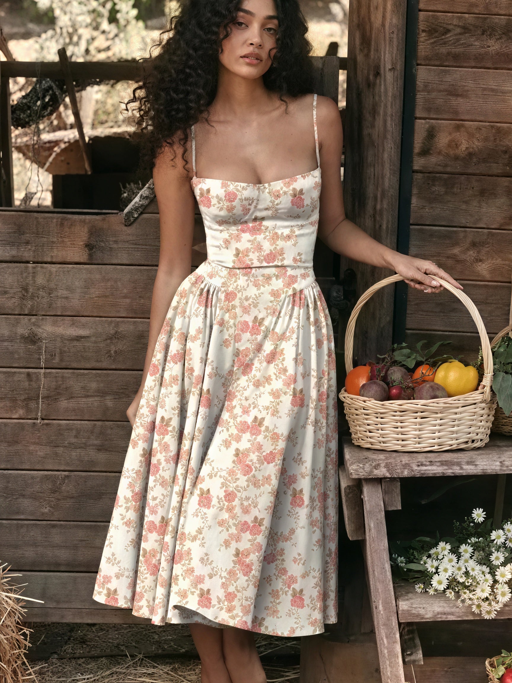 Women's Midi Dress – Sweetheart Neckline, Pleated Skirt, Pockets-83259-05a5c8fa-126b-472f-b5dc-04143186b8a3