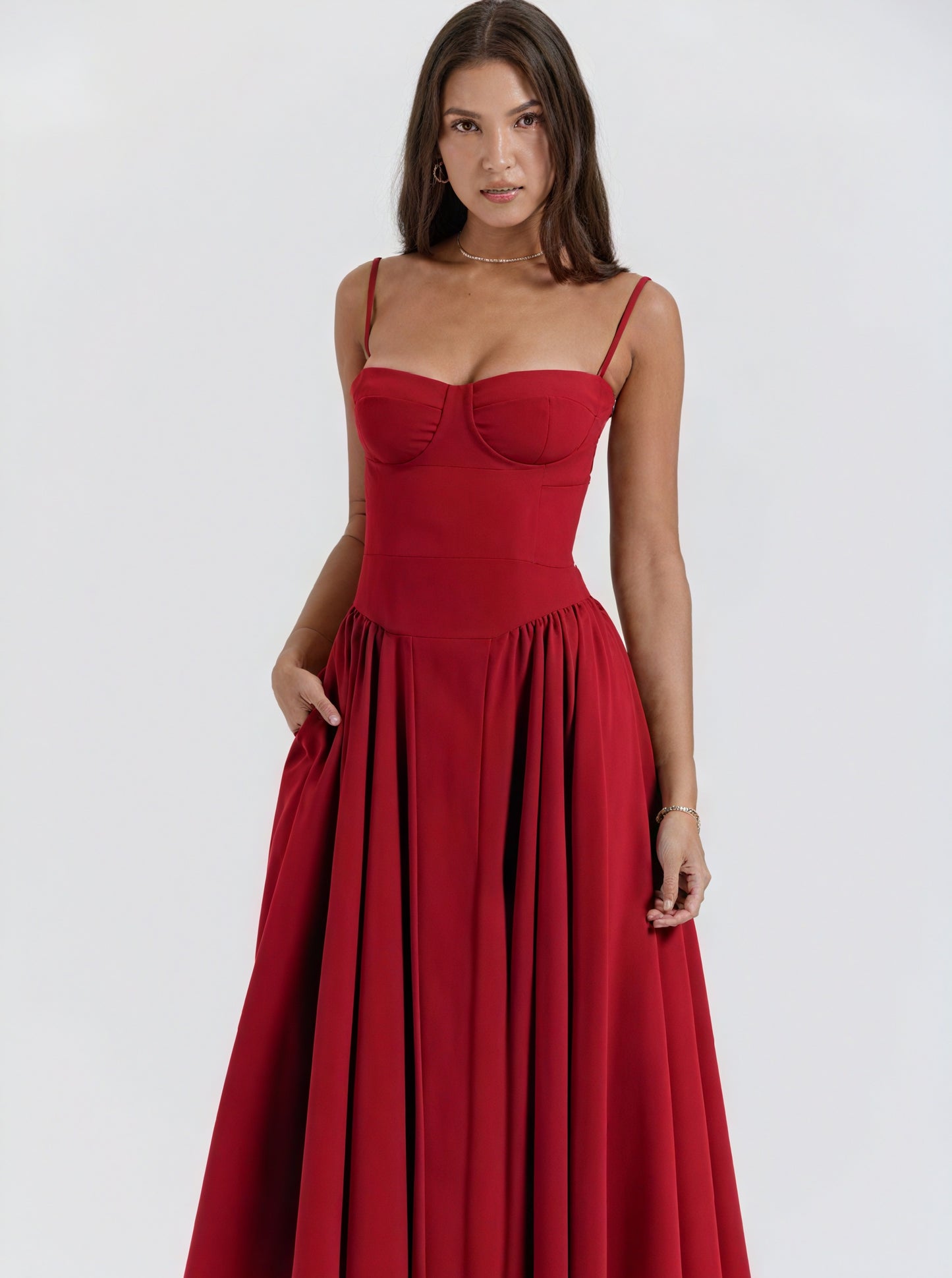 Women's Midi Dress – Sweetheart Neckline, Pleated Skirt, Pockets-83259-7fdf95ec-d0d9-490a-a0d7-8d4ef0610070