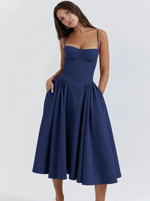 Women's Midi Dress – Sweetheart Neckline, Pleated Skirt, Pockets-83259-d5c61548-ee9f-4312-94bf-924091bacf00