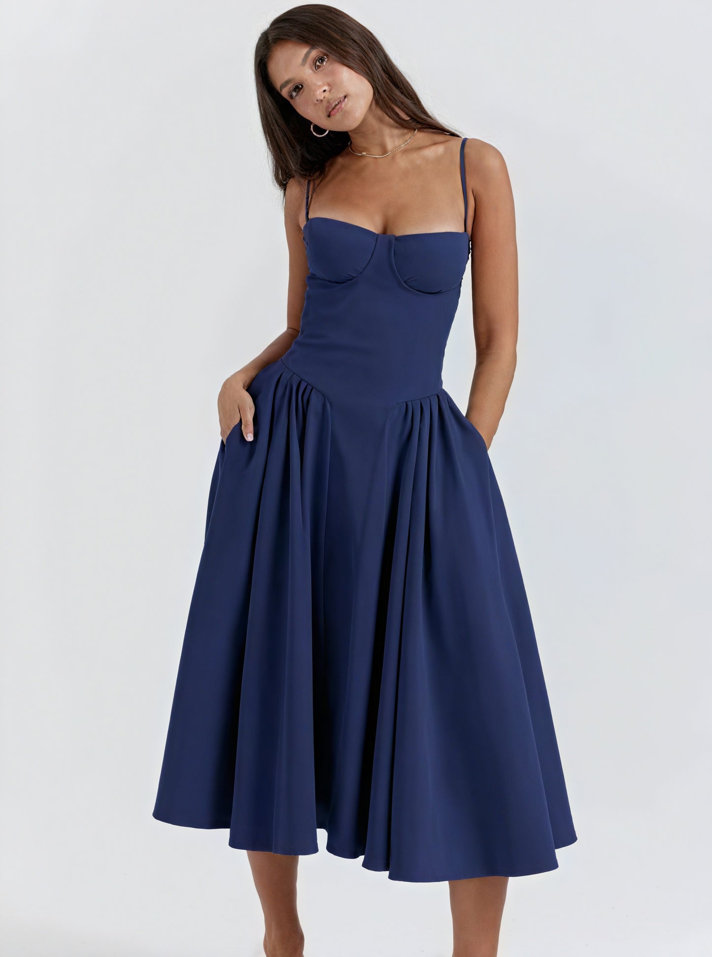 Women's Midi Dress – Sweetheart Neckline, Pleated Skirt, Pockets-83259-d5c61548-ee9f-4312-94bf-924091bacf00