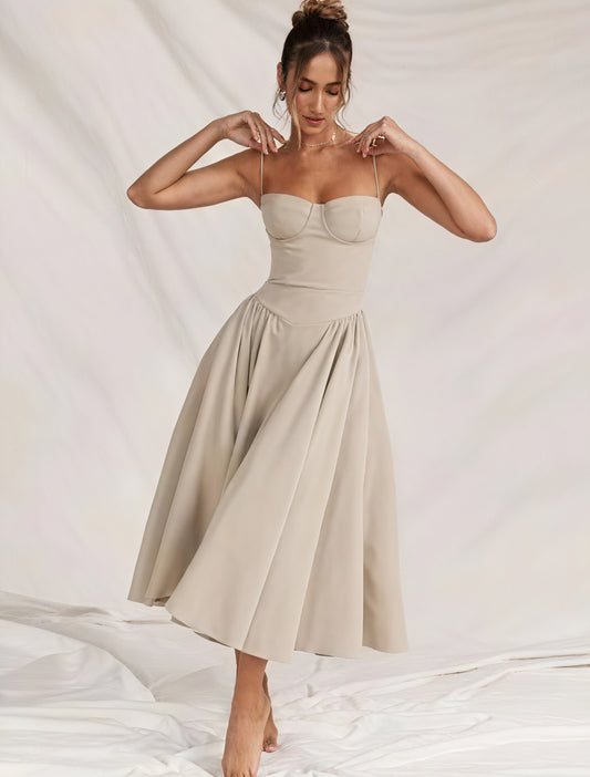 Women's Midi Dress – Sweetheart Neckline, Pleated Skirt, Pockets-83259-48c7b492-1afe-4a5b-838e-c30b20dd6e71