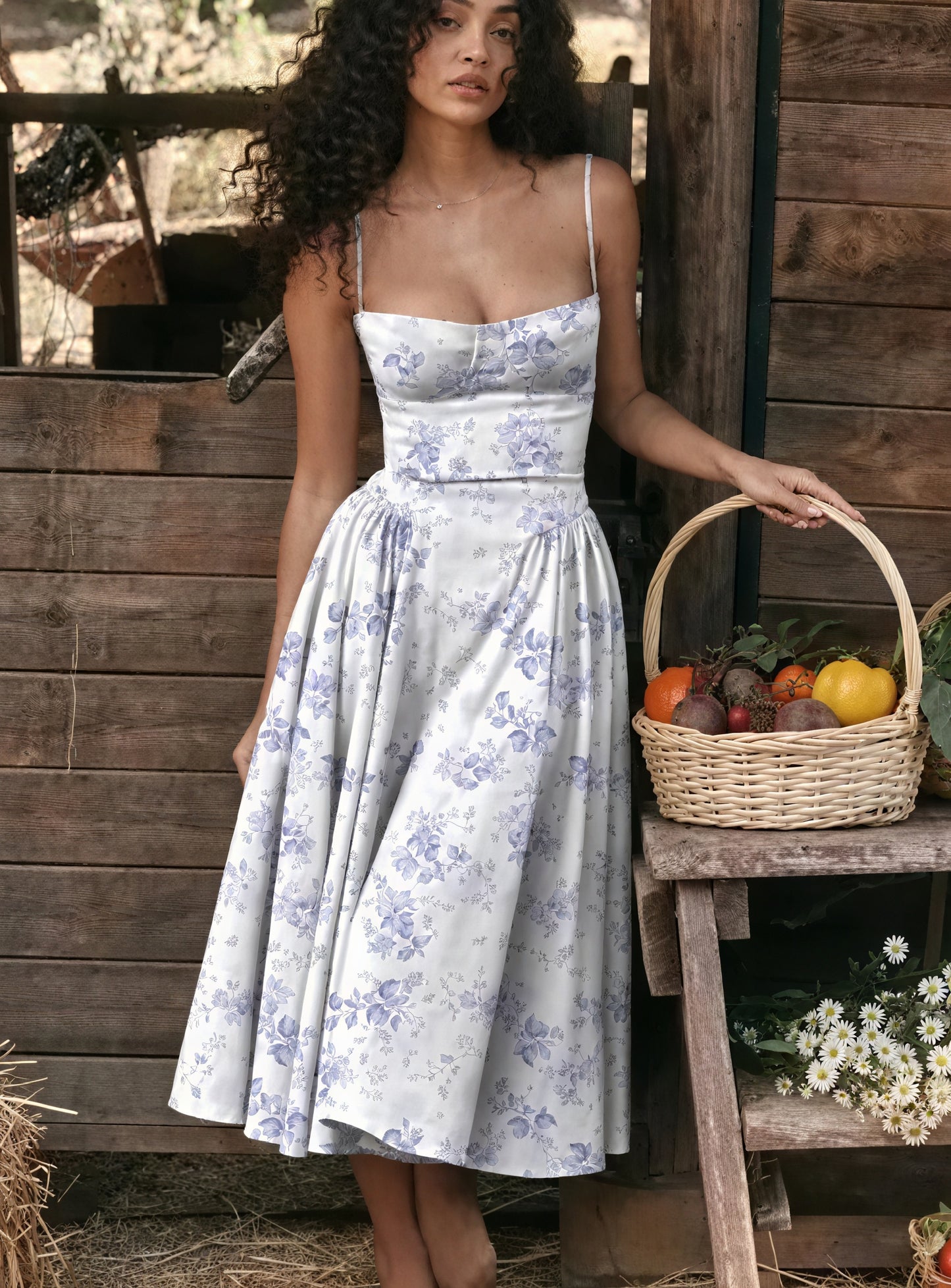 Women's Midi Dress – Sweetheart Neckline, Pleated Skirt, Pockets-83259-e4dc5964-7a26-4e98-ad14-00ecfad5ddc7
