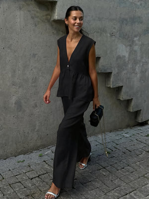 Women's Linen Two-Piece Outfit – Sleeveless V-Neck Top, Wide-Leg Pants-83272-0c63c763-28ea-4941-8b59-9294f11645bc