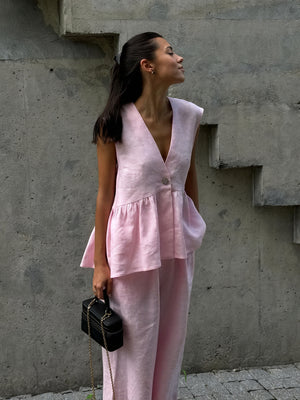 Women's Linen Two-Piece Outfit – Sleeveless V-Neck Top, Wide-Leg Pants-83272-3a951ff5-e144-4189-8b3b-dc87d849c333