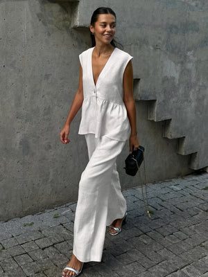 Women's Linen Two-Piece Outfit – Sleeveless V-Neck Top, Wide-Leg Pants-83272-bb226c62-e64a-410b-b229-9a98c1cb577a