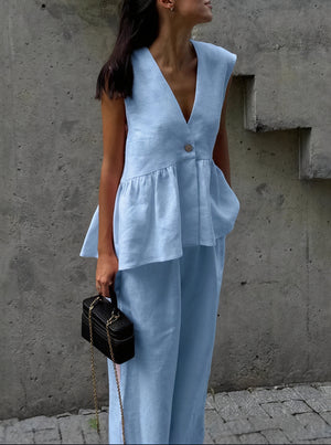 Women's Linen Two-Piece Outfit – Sleeveless V-Neck Top, Wide-Leg Pants-83272-6a930d19-d39a-43f0-8058-4014556be65f