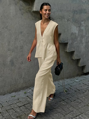 Women's Linen Two-Piece Outfit – Sleeveless V-Neck Top, Wide-Leg Pants-83272-f4de8f55-5acf-4d12-aacf-08c7b8ad49f0