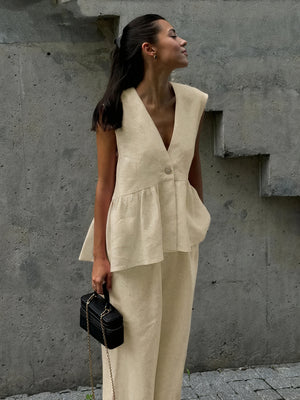 Women's Linen Two-Piece Outfit – Sleeveless V-Neck Top, Wide-Leg Pants-83272-c7b9376a-e9aa-4294-a754-0fe2a3d92b64