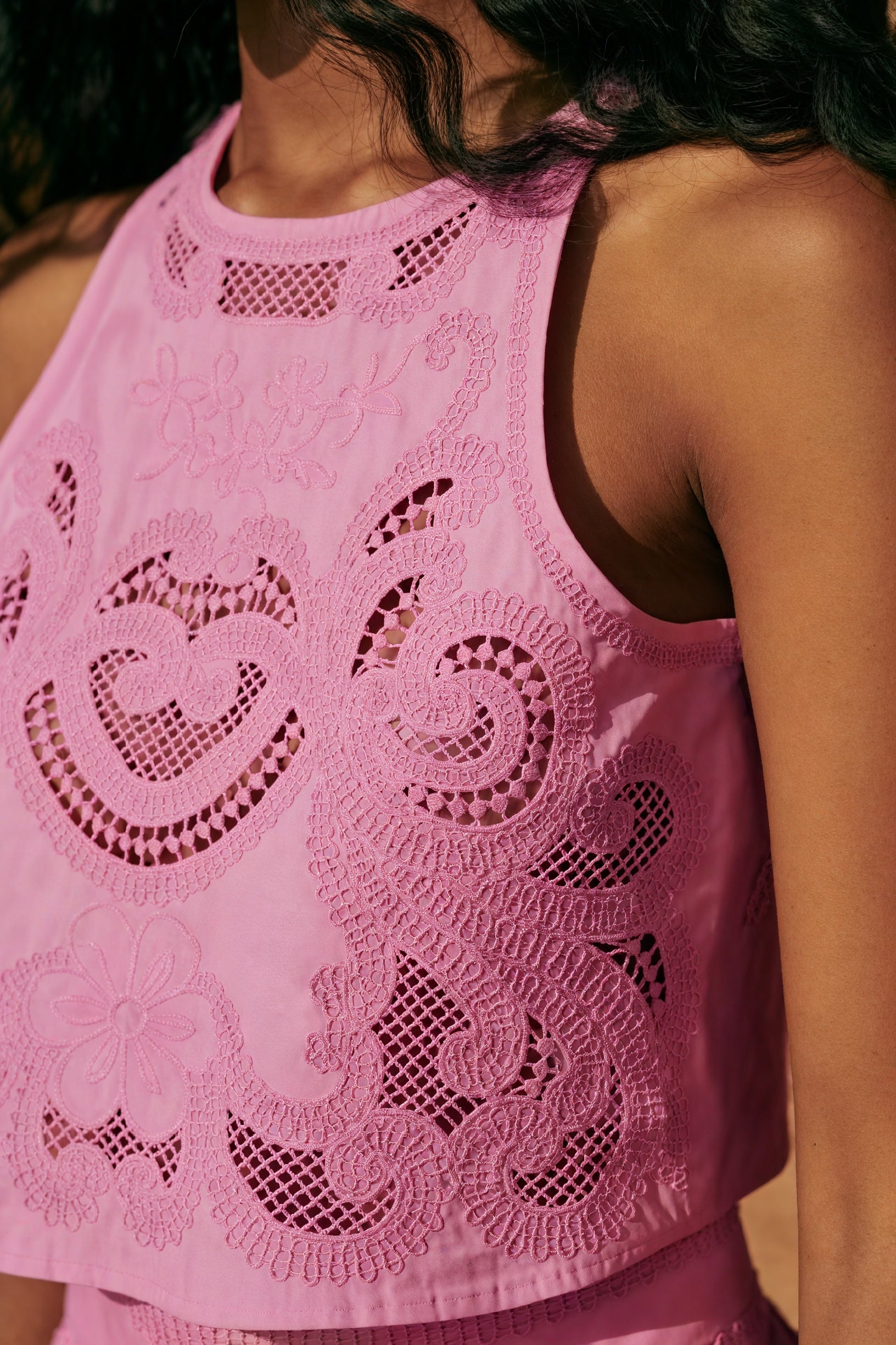 Women's Pink Two-Piece Outfit – Laser Cut Halter Crop Top & Side Slit Skirt-83273-efc37e2e-2be7-4ebd-948b-e75027abf476