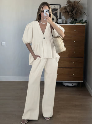 Women's Linen Two-Piece Set – V-Neck Puff Sleeve Top, Wide-Leg Pants-83274-fe2346f5-5339-486d-bede-aa530dbdcdb2
