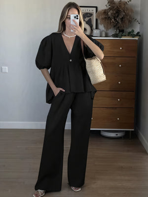Women's Linen Two-Piece Set – V-Neck Puff Sleeve Top, Wide-Leg Pants-83274-36ef262c-df96-42be-9ed8-d7bfc32f7290