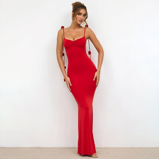 Women's Sleeveless Maxi Dress – Open Back, Floral Strap Detail, Elegant-83277-7c6835cd-48f9-4c8c-b2e8-1027af804309
