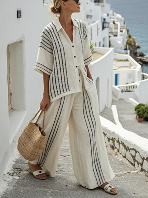 Women's Linen Two-Piece Set - Vertical Stripe Shirt & Wide-Leg Pants-83284-0abda346-6c2e-4572-9c29-3ae122ca01d2
