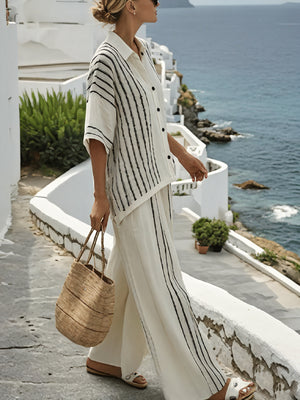 Women's Linen Two-Piece Set - Vertical Stripe Shirt & Wide-Leg Pants-83284-839ecf85-1ad5-47f3-9819-85c9629d563b