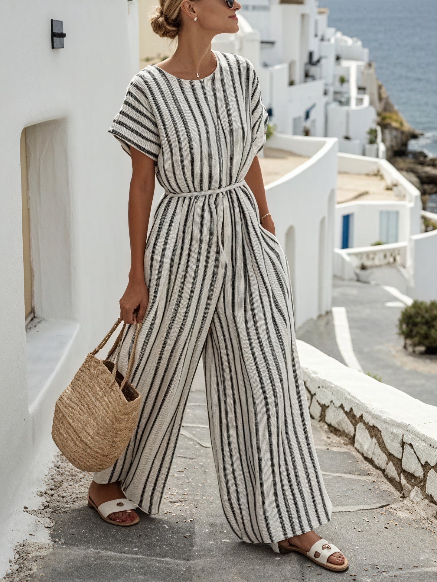 Women's Striped Jumpsuit – Wide Leg, Belted, Short Sleeve, Lightweight-83287-2d391c01-1a11-49eb-8499-968cbdea13c4