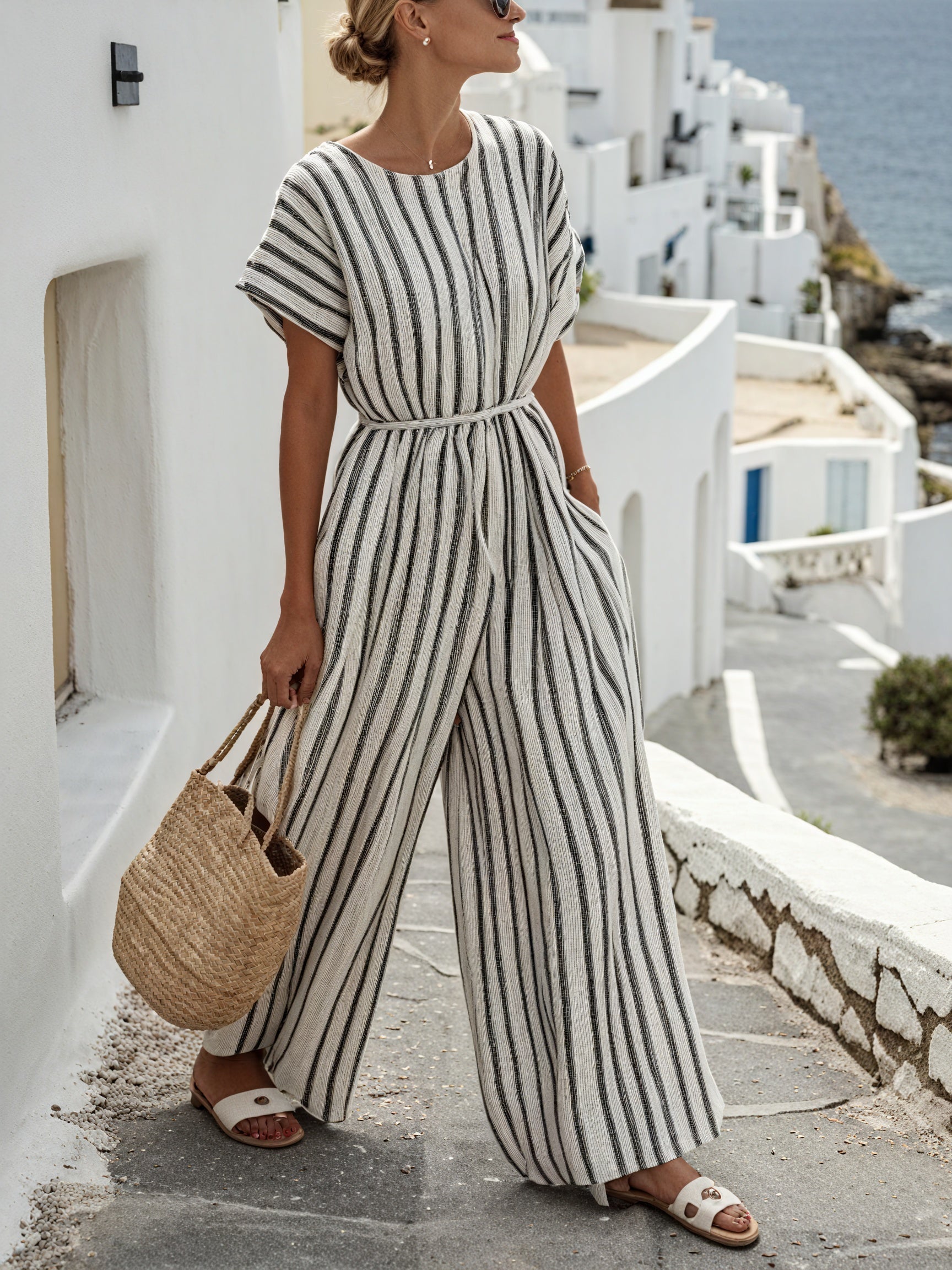 Women's Striped Jumpsuit – Wide Leg, Belted, Short Sleeve, Lightweight-83287-2d391c01-1a11-49eb-8499-968cbdea13c4