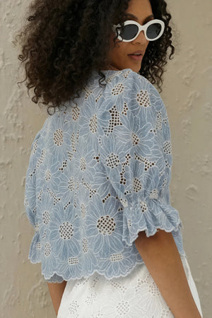 Women's Matching Set – Blue Floral Cut-Out Top & White Shorts-83298-fb22c469-f79b-4f1d-8be1-707082123db8