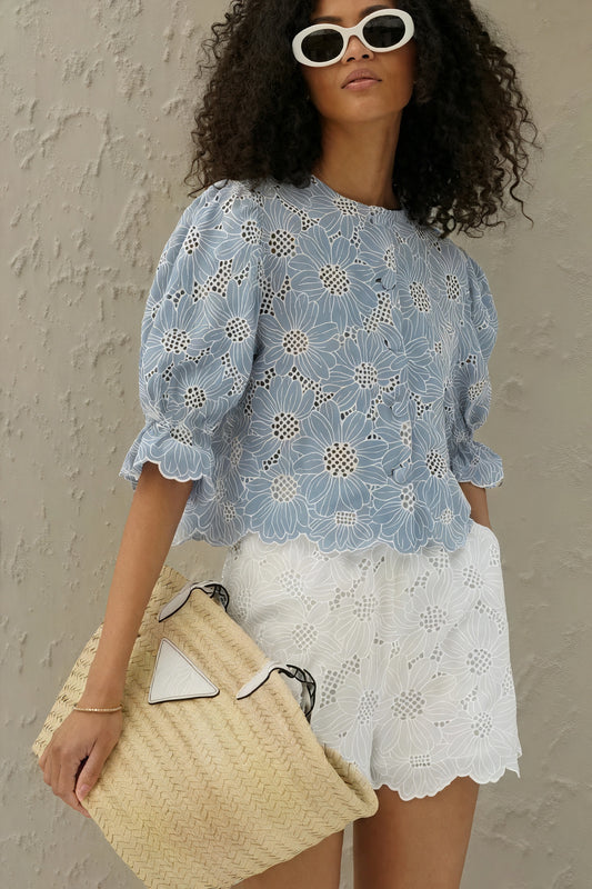 Women's Matching Set – Blue Floral Cut-Out Top & White Shorts-83298-68519558-bad7-4b28-b7fe-525e7949b284