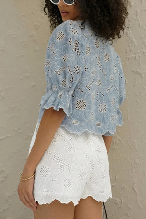 Women's Matching Set – Blue Floral Cut-Out Top & White Shorts-83298-a439f634-cc7b-490c-94b8-0966eff2f808