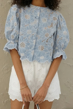 Women's Matching Set – Blue Floral Cut-Out Top & White Shorts-83298-98e3c796-f349-4996-bf9e-9ce93f733ec4