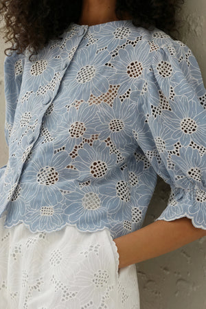 Women's Matching Set – Blue Floral Cut-Out Top & White Shorts-83298-c72ea069-2ccd-4b2d-a92e-ec7127927201