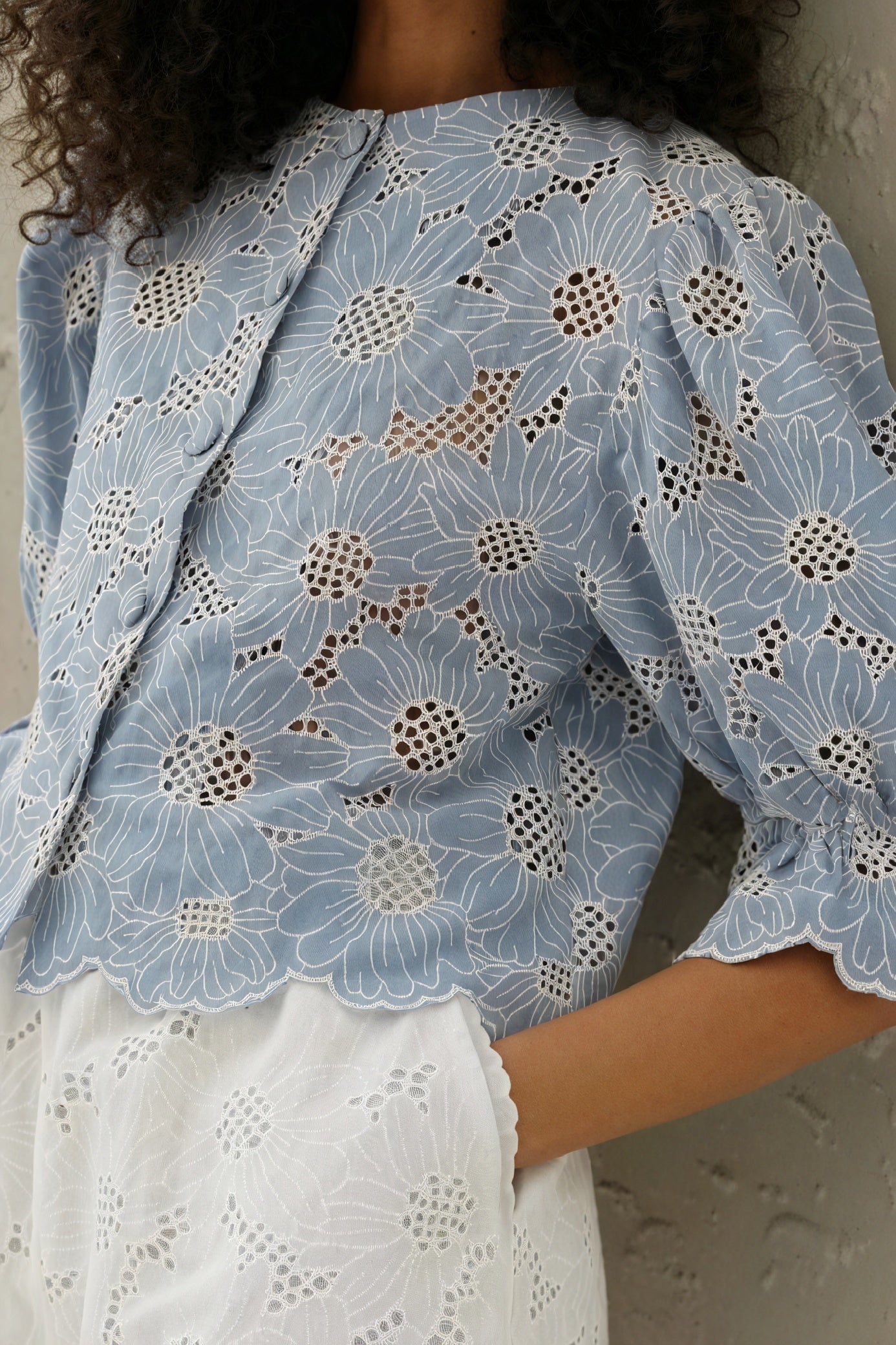Women's Matching Set – Blue Floral Cut-Out Top & White Shorts-83298-c72ea069-2ccd-4b2d-a92e-ec7127927201