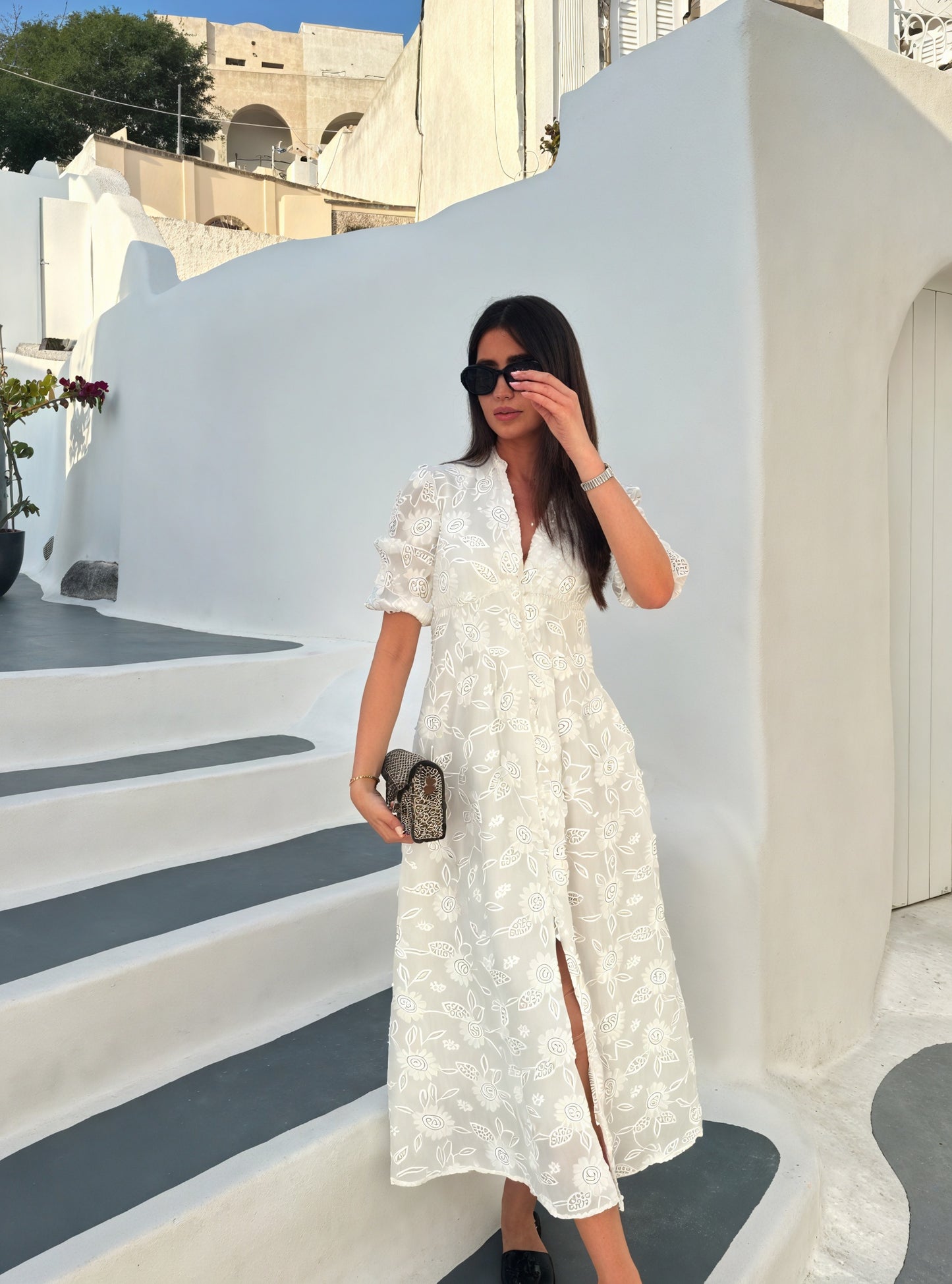 Women's White Embroidered Midi Dress – Button-Down, Short Sleeve-83314-037cc309-f10c-417b-8b45-0b968f4b48e0
