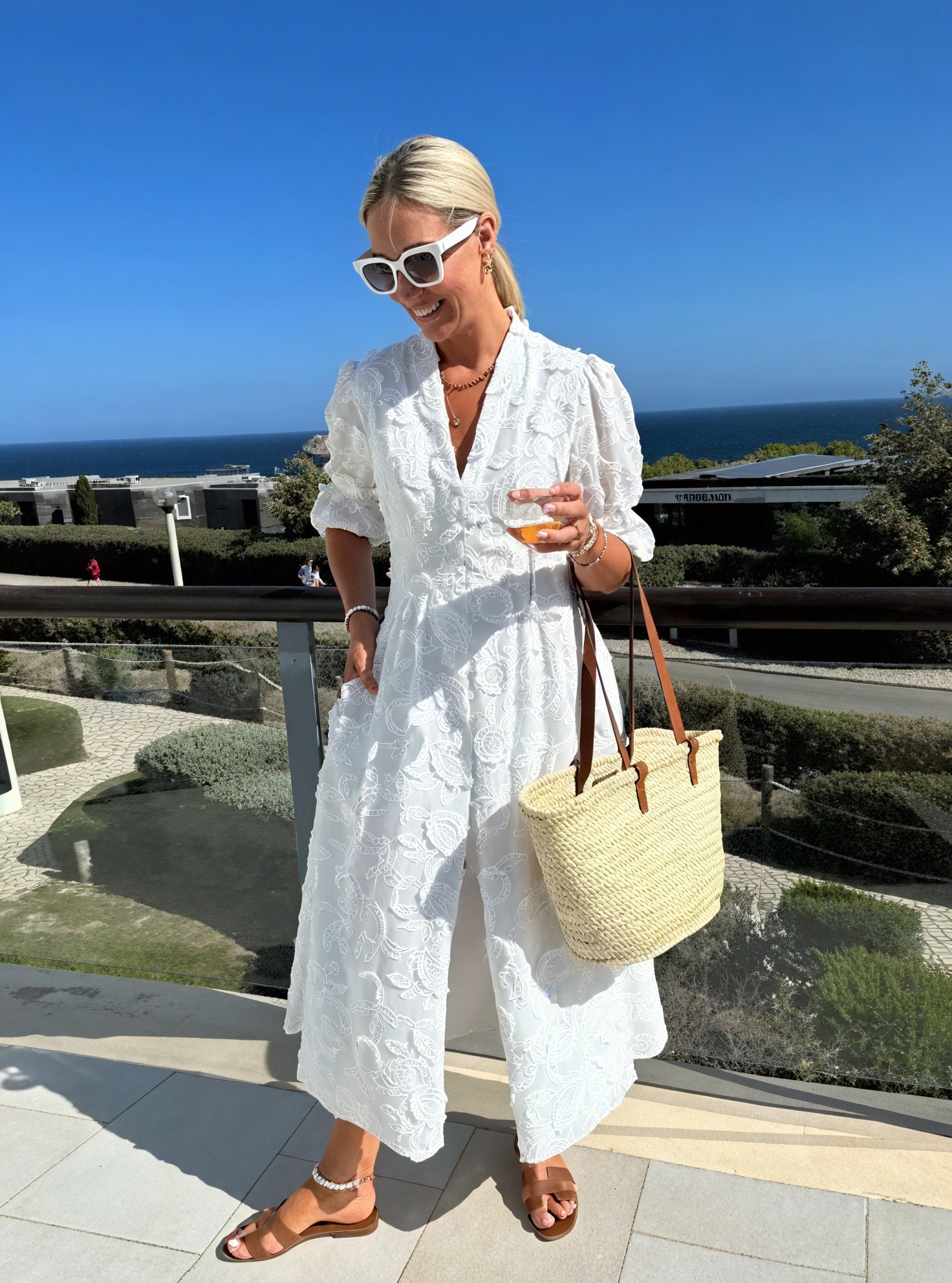 Women's White Embroidered Midi Dress – Button-Down, Short Sleeve-83314-ce466cf8-f842-4f23-8d5b-ad4678280d46