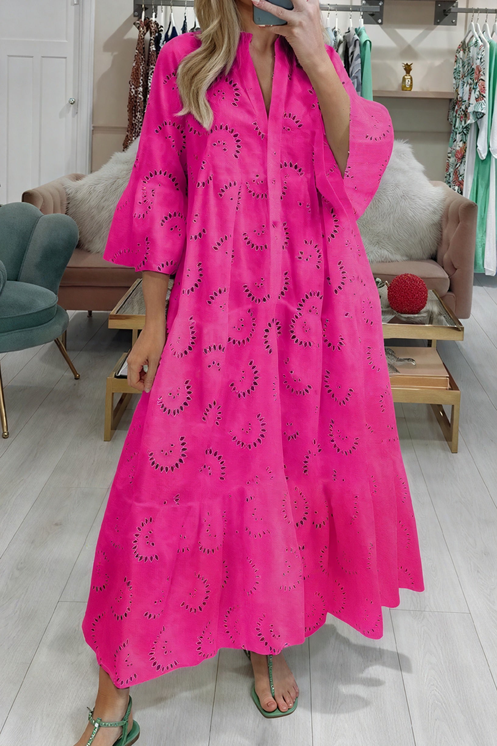 Women's Eyelet V-Neck Button-Down Dress with 3/4 Sleeves – Summer Style-83323-1280320f-48bd-4025-a2de-df9af720b1a3