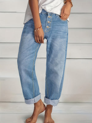 Women's Light Blue Loose Fit Jeans – Cuffed Hem, Button Fly Denim-83359-b5b290b7-77f6-44b3-9373-59cee133f370