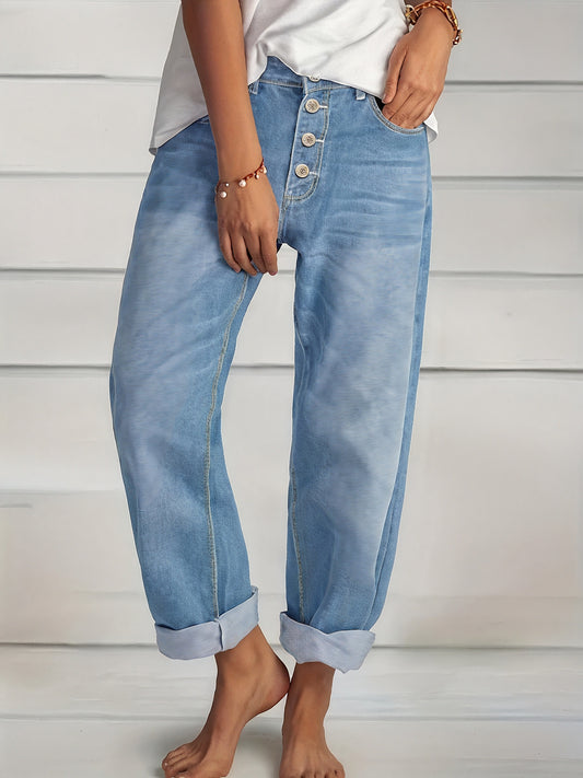 Women's Light Blue Loose Fit Jeans – Cuffed Hem, Button Fly Denim-83359-b5b290b7-77f6-44b3-9373-59cee133f370