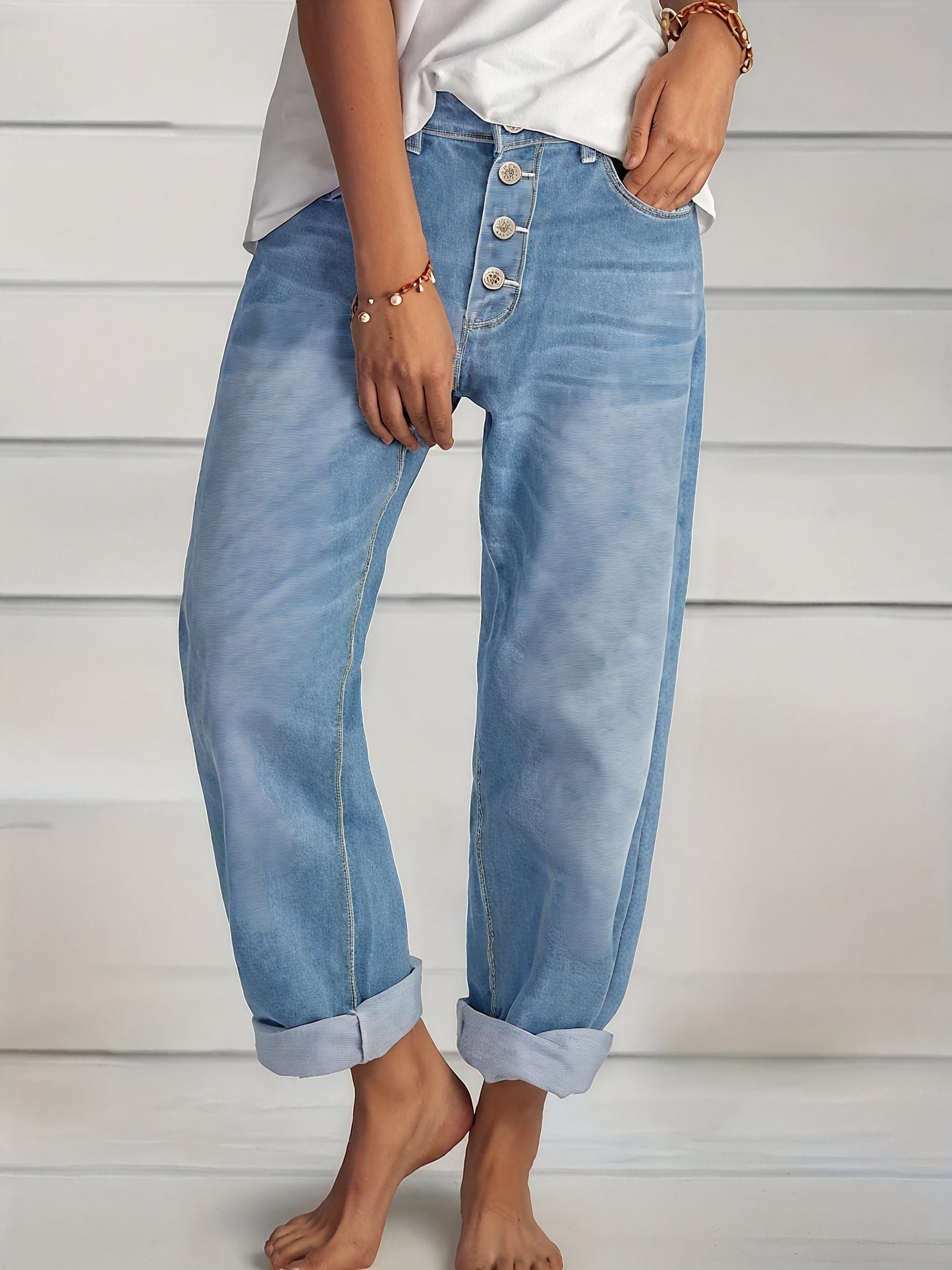 Women's Light Blue Loose Fit Jeans – Cuffed Hem, Button Fly Denim-83359-b88c476c-5eb3-41e7-a3b3-8cd2dc0d98ae