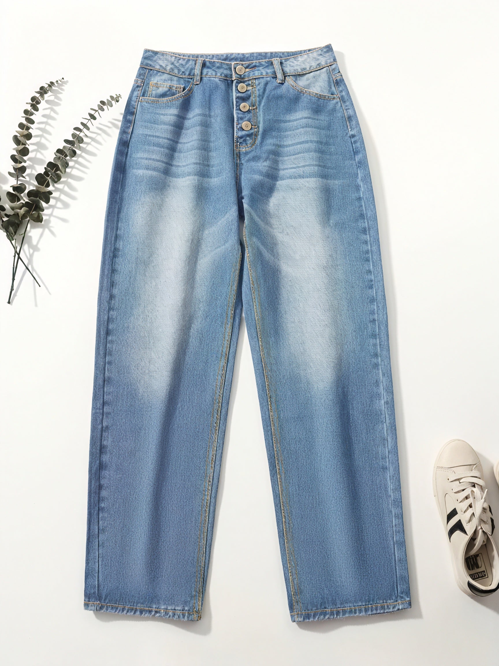 Women's Light Blue Loose Fit Jeans – Cuffed Hem, Button Fly Denim-83359-ad8be609-8886-4d7f-9d88-8ef0d46d5367