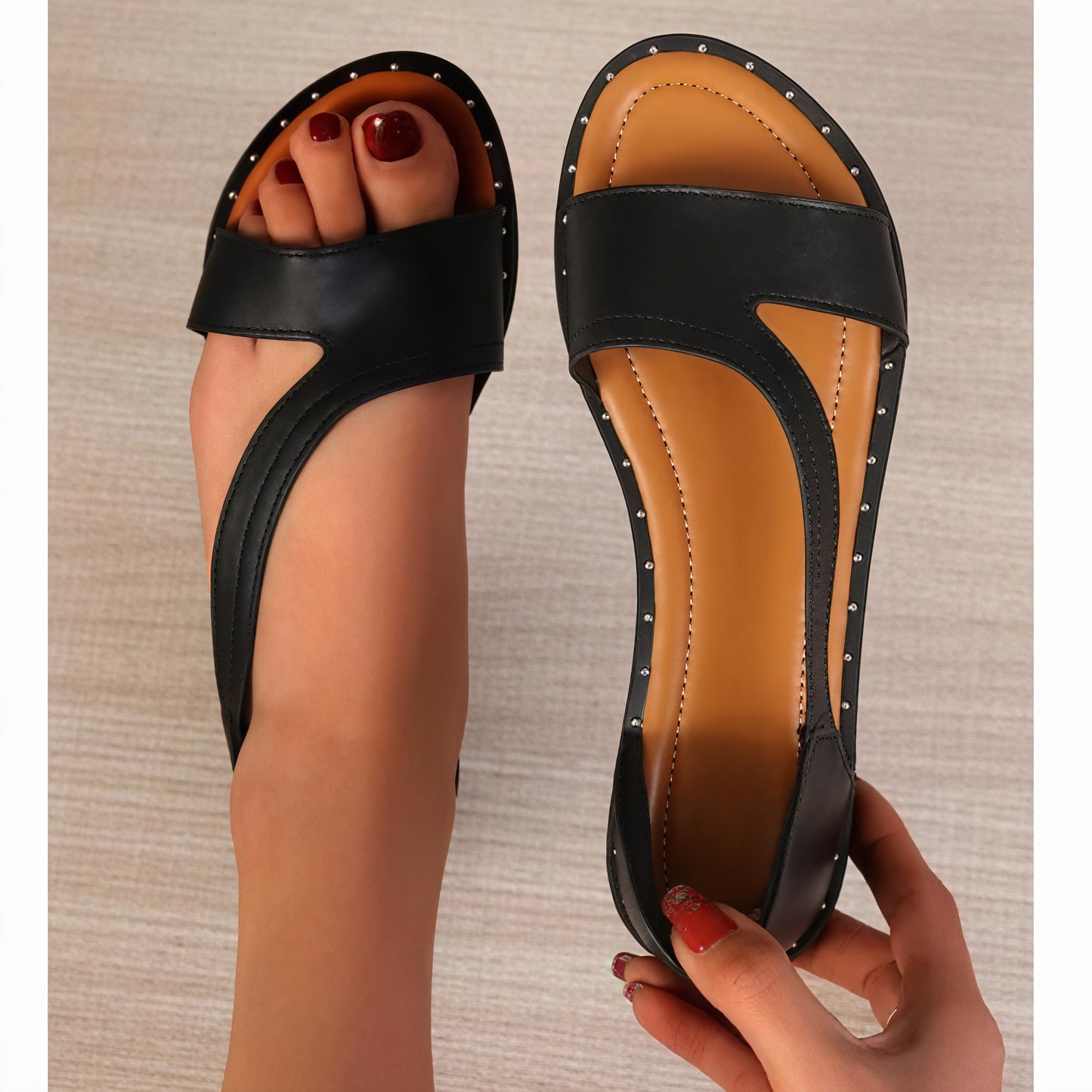 Women's White Flat Sandals with Studded Trim, Open Toe Design-83369-b829666c-4498-494c-812b-7c031c3aa2ef