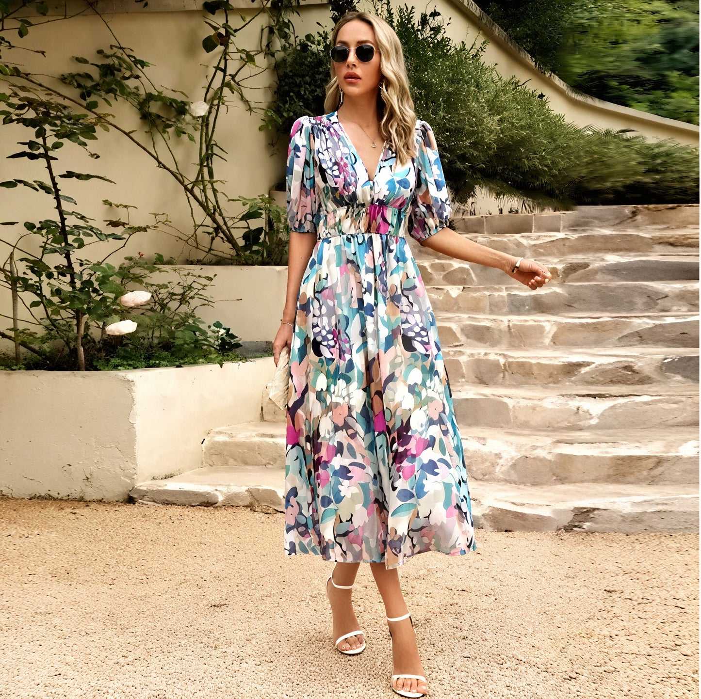 Women's Floral Midi Dress – V-Neck Short Sleeve Flowy Summer Style-83546-b193803f-d1b8-4c86-b8a6-40908597ad22