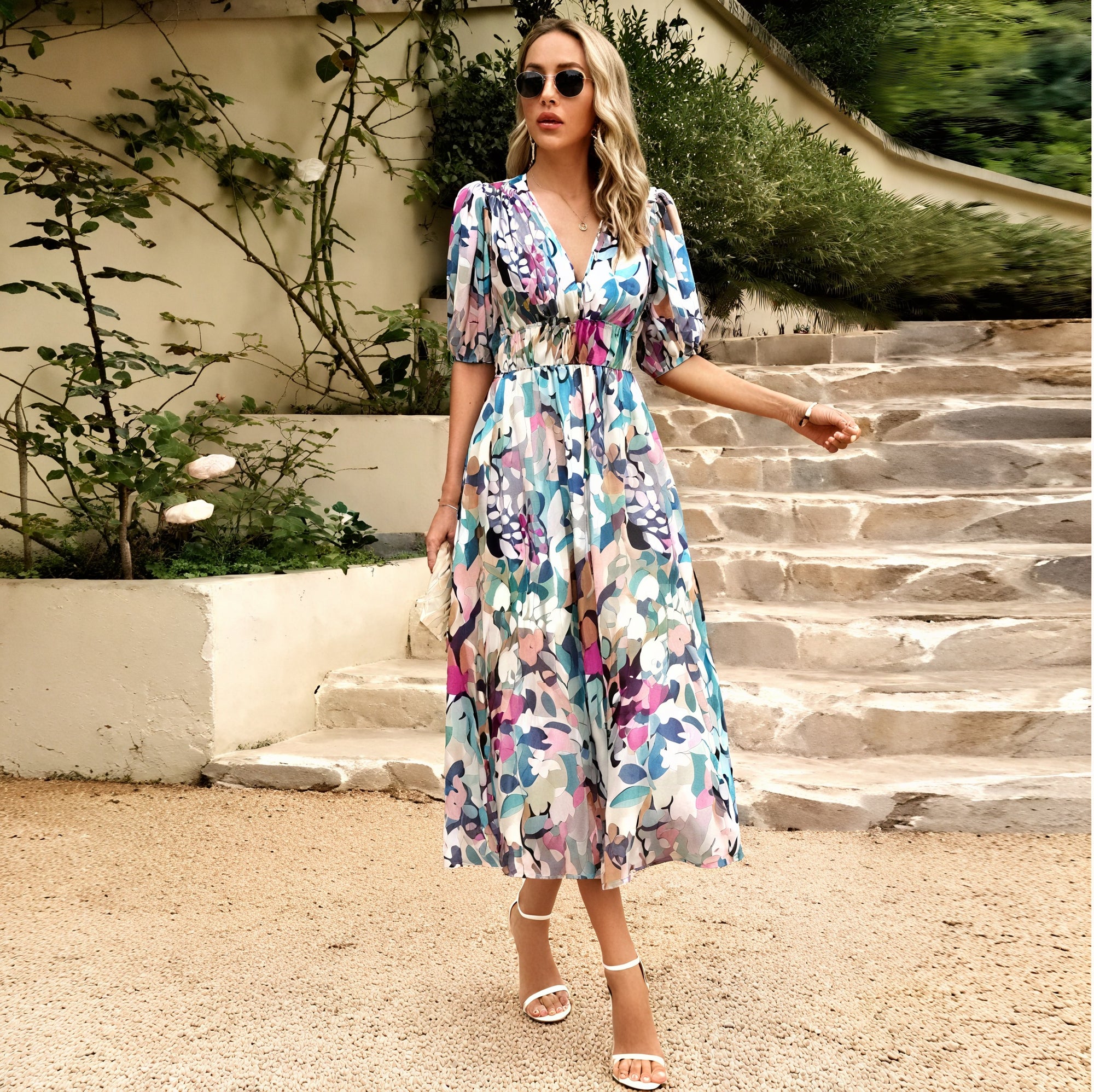 Women's Floral Midi Dress – V-Neck Short Sleeve Flowy Summer Style-83546-b193803f-d1b8-4c86-b8a6-40908597ad22