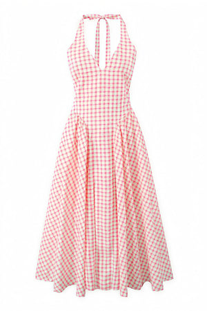 Women's Pink White Gingham V-Neck Pleated Midi Dress, Classic Feminine Style-83586-ad8c3dd0-79c9-4185-82c2-589b41987e80