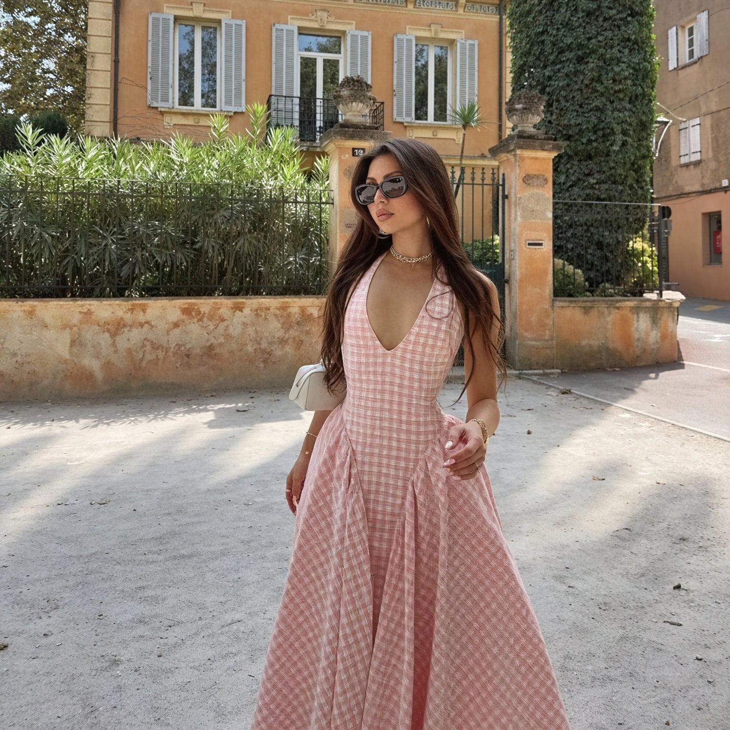 Women's Pink White Gingham V-Neck Pleated Midi Dress, Classic Feminine Style-83586-14ee1f0a-e257-4f17-95a0-88813271f76c