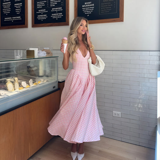 Women's Pink White Gingham V-Neck Pleated Midi Dress, Classic Feminine Style-83586-323438b6-2cee-4b0f-9d9f-8737f9b67f35