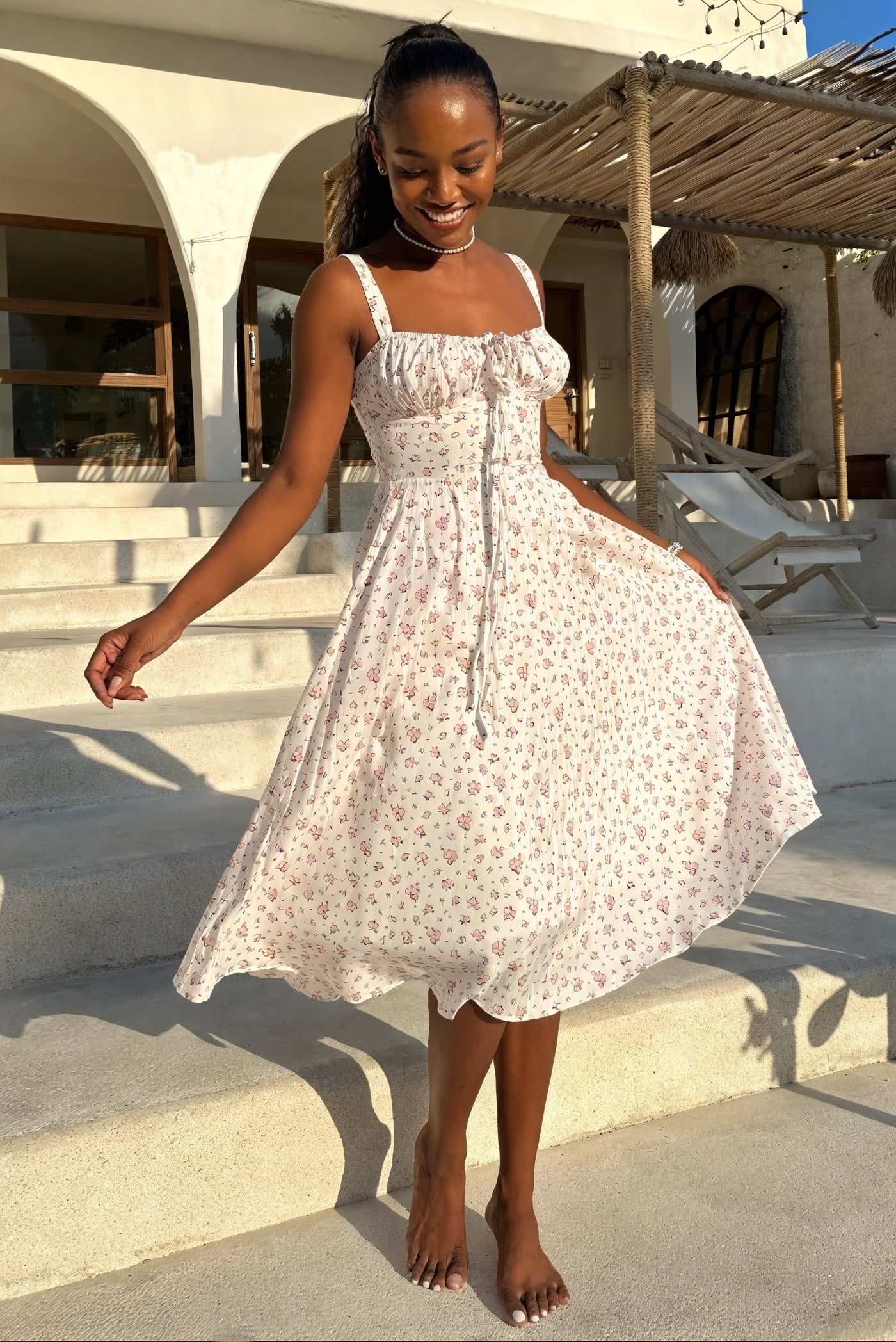 Women's White Floral Midi Dress – Tie-Up Bust, Adjustable Straps, Flowy Summer Style-83612-c229b990-5f6a-464d-92c6-63e6016f942b
