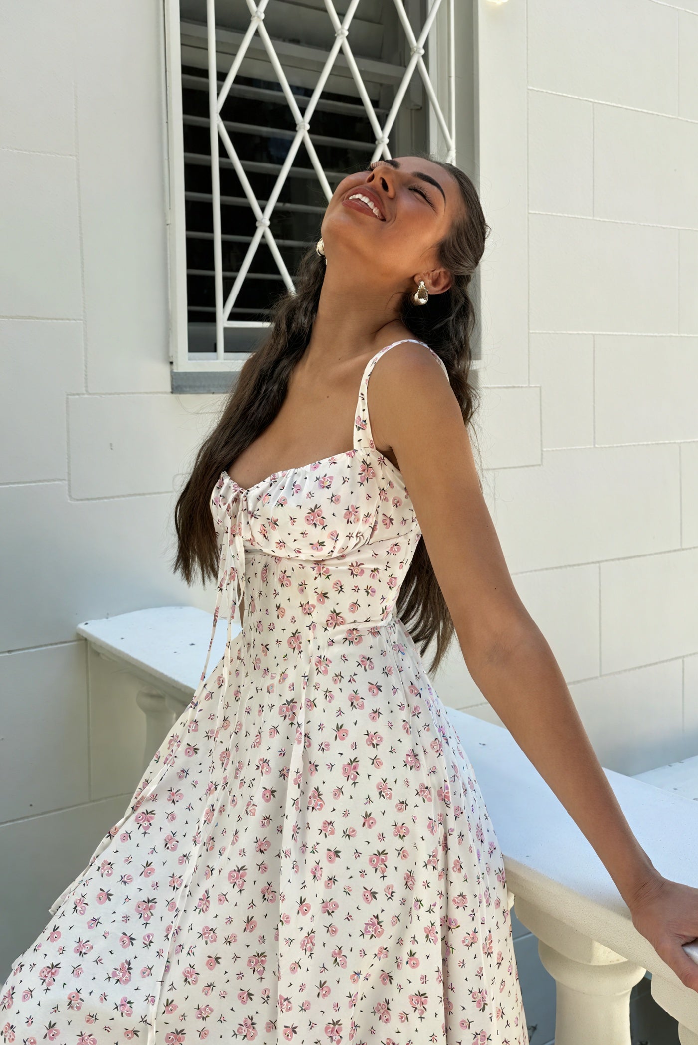 Women's White Floral Midi Dress – Tie-Up Bust, Adjustable Straps, Flowy Summer Style-83612-bde914dc-9ea6-4bcd-8f9d-36d8035b387c