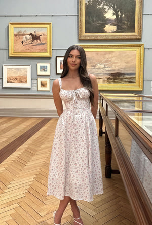 Women's White Floral Midi Dress – Tie-Up Bust, Adjustable Straps, Flowy Summer Style-83612-2591506c-edba-4ed9-8021-70cdc51c0aa2