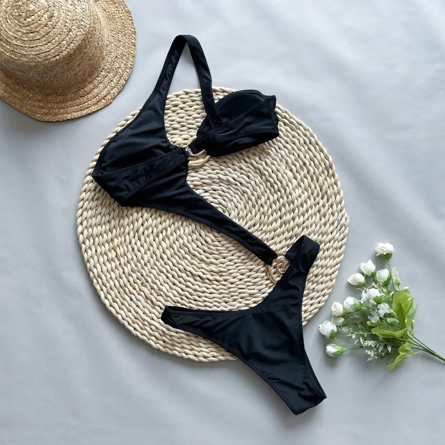 Women's Black One-Piece Swimsuit – Decorative Hardware Detail, Classic Style-83767-fce6b564-3bf6-4dcd-8de6-03b4d1ec714b